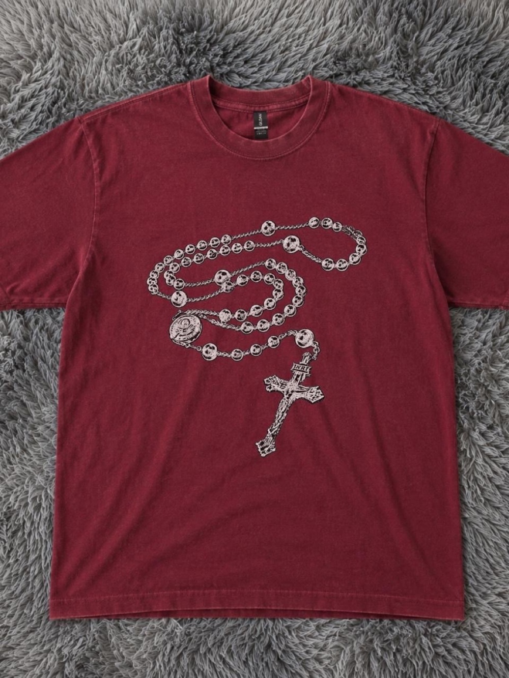 Gildan Burgundy Short-Sleeve Tee with White Rosary Graphic